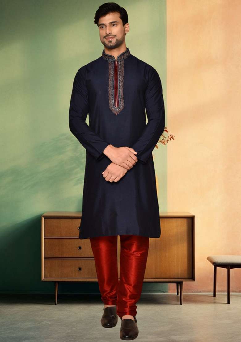 Navy Blue Embroidered Art Silk Blend Kurta Set For Men - Indya