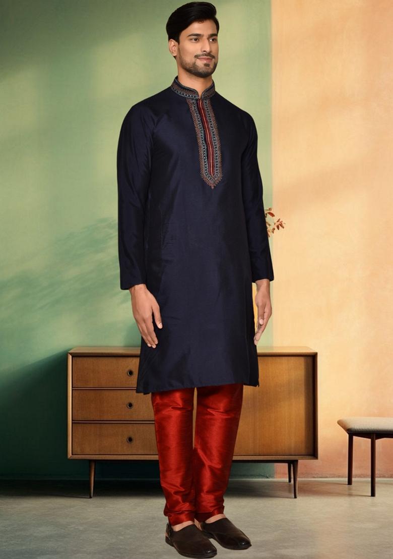 Navy Blue Embroidered Art Silk Kurta Set For Men