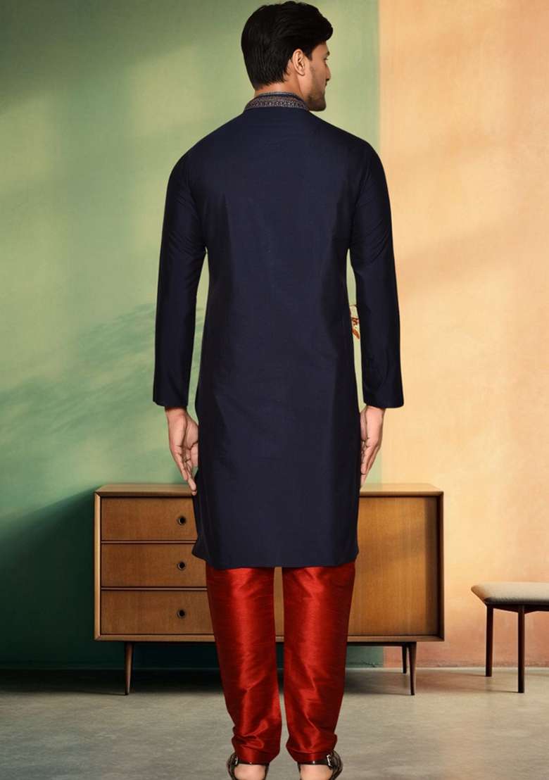 Navy Blue Embroidered Art Silk Blend Kurta Set For Men - Indya