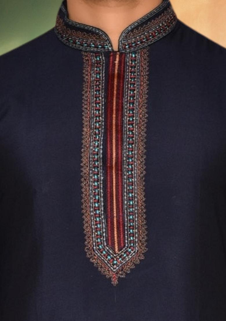 Navy Blue Embroidered Art Silk Kurta Set For Men