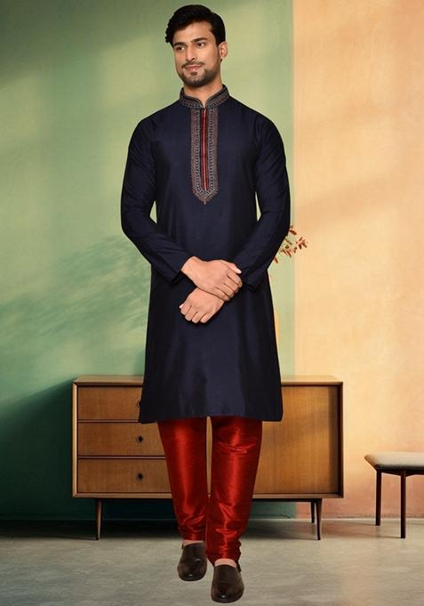 Navy Blue Embroidered Art Silk Kurta Set For Men
