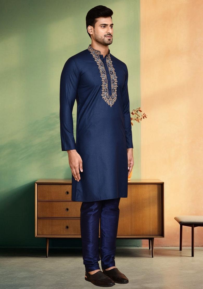 Navy Blue Embroidered Art Silk Kurta Set For Men