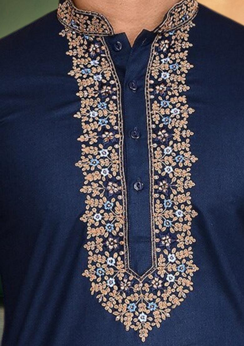Navy Blue Embroidered Art Silk Kurta Set For Men