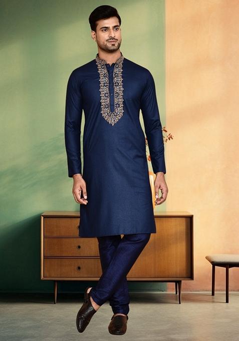 Navy Blue Embroidered Art Silk Kurta Set For Men