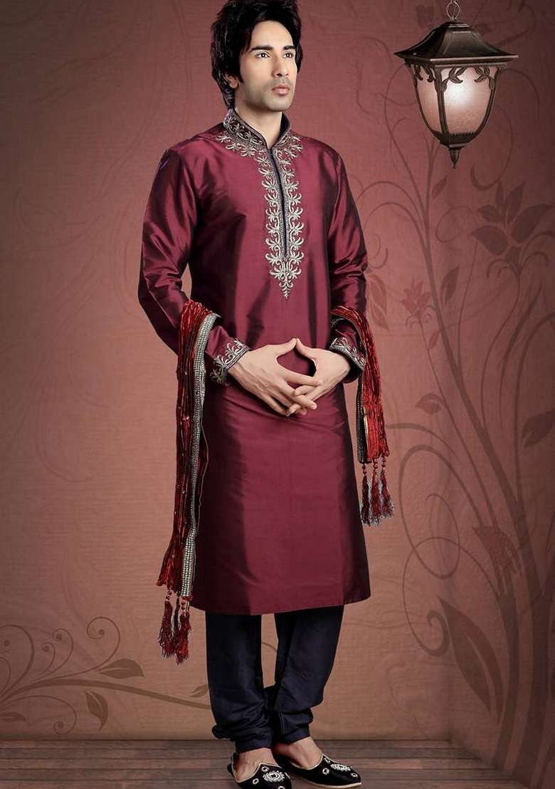Maroon Embroidered Art Silk Blend Kurta Set For Men - Indya