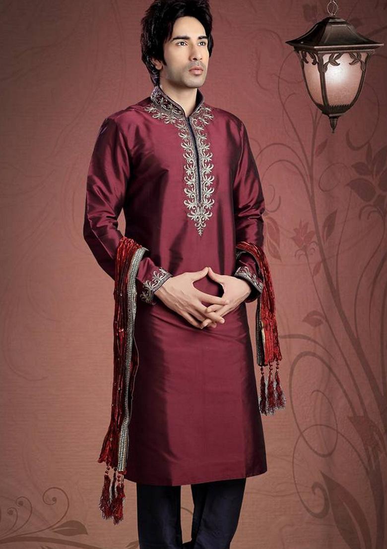 Maroon Embroidered Art Silk Kurta Set For Men