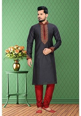 Black Embroidered Art Silk Kurta Set For Men