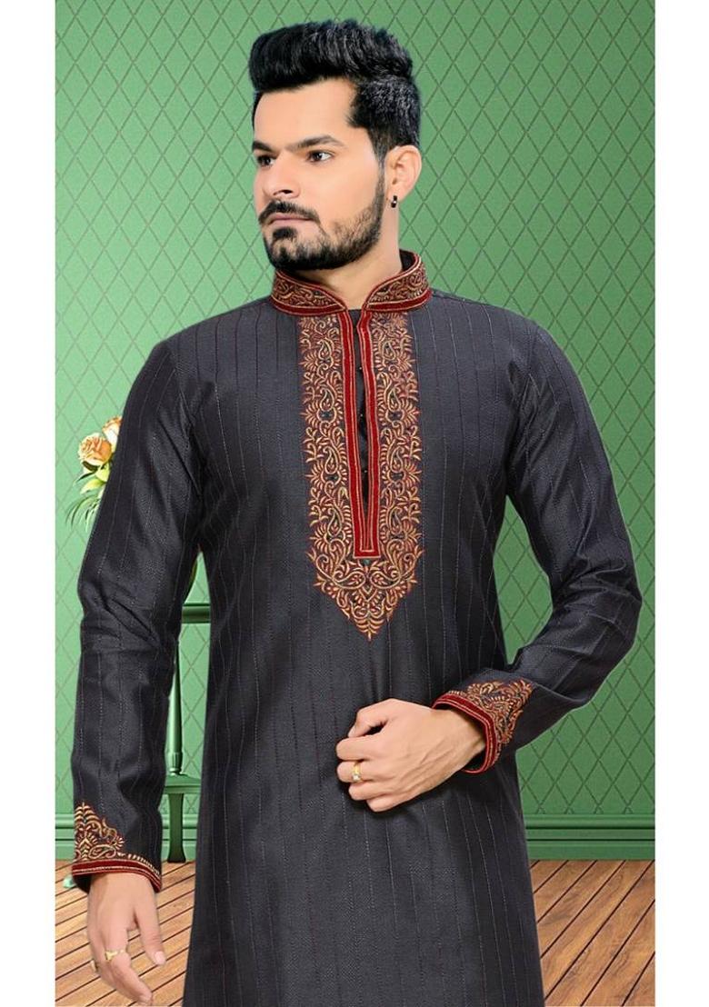 Black Embroidered Art Silk Kurta Set For Men