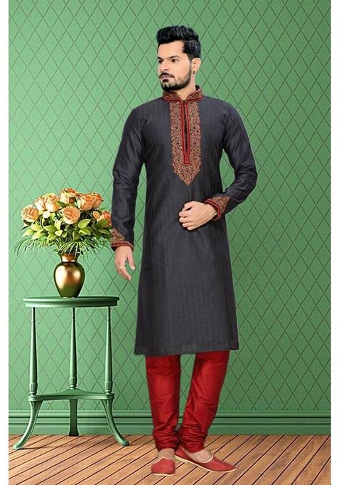 Black Embroidered Art Silk Kurta Set For Men