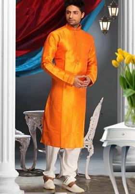 Mustard Yellow Embroidered Art Silk Kurta Set For Men