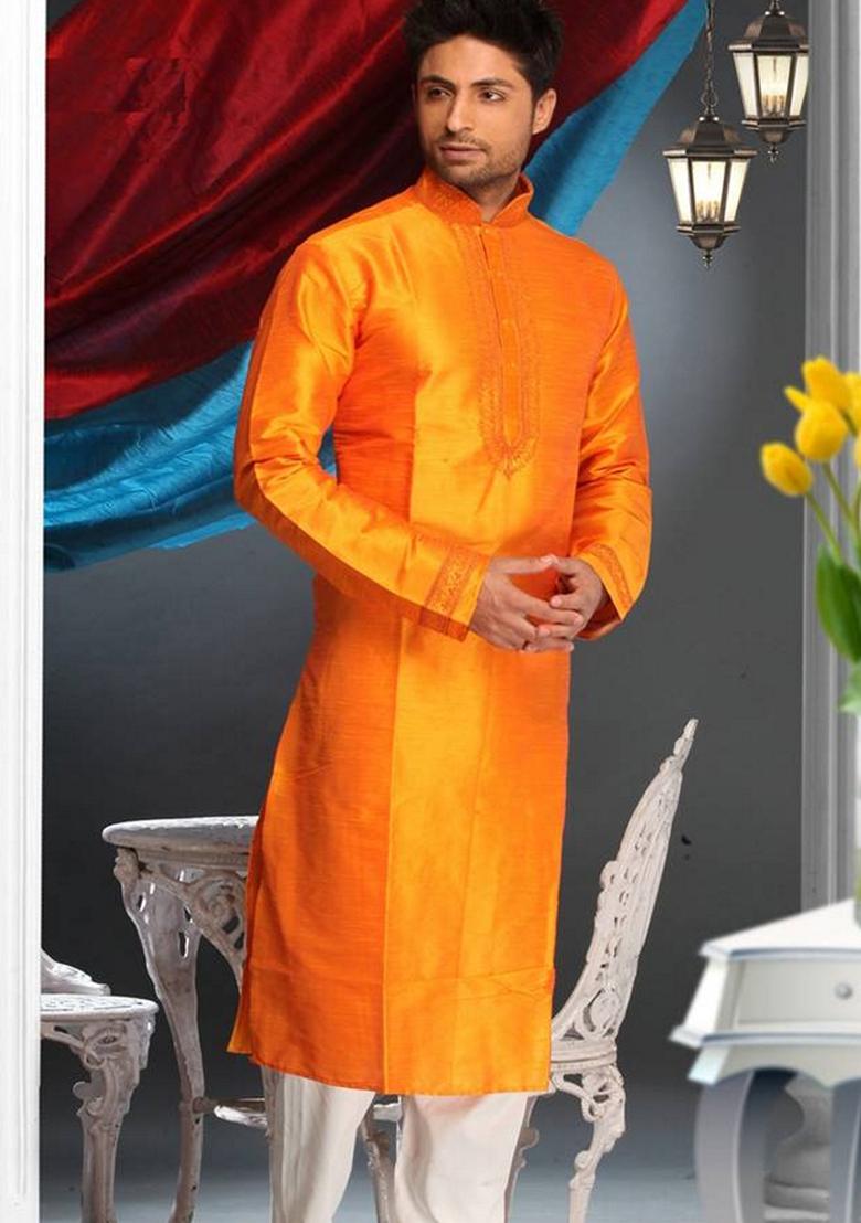 Mustard Yellow Embroidered Art Silk Kurta Set For Men