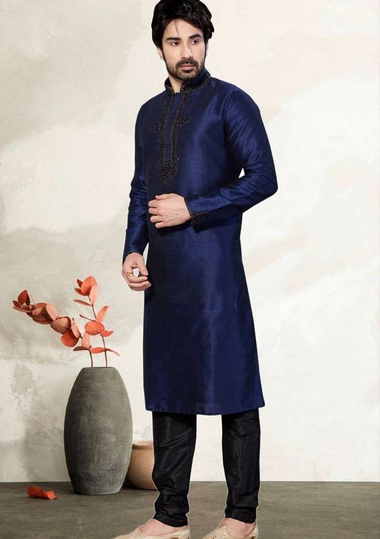 Navy Blue Embroidered Art Silk Blend Kurta Set For Men - Indya
