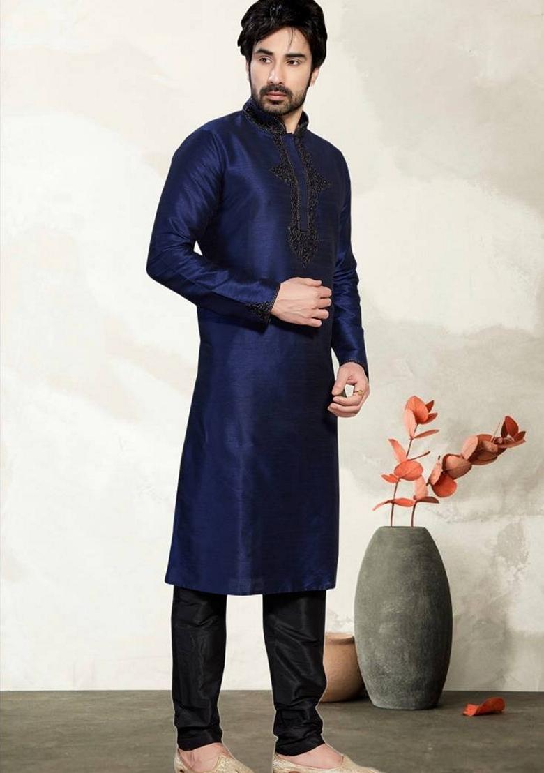 Navy Blue Embroidered Art Silk Kurta Set For Men