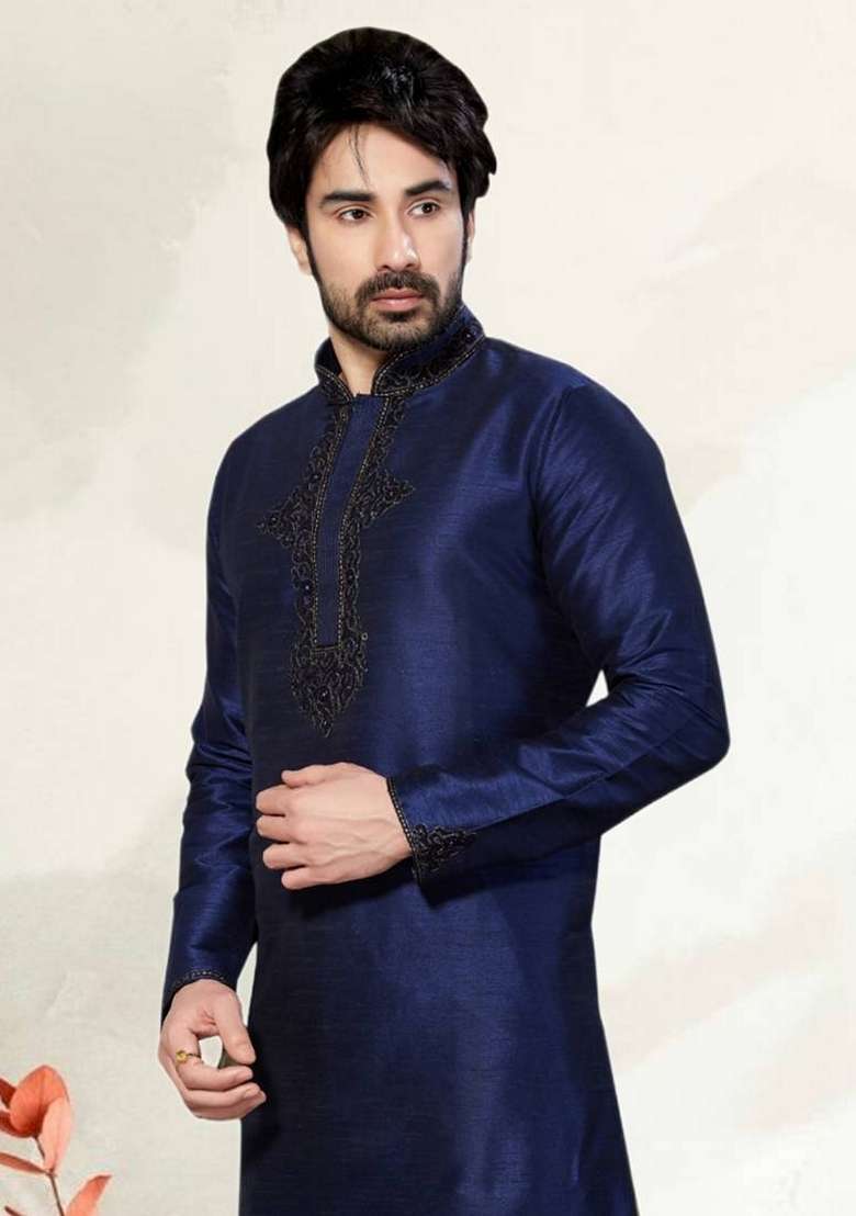 Navy Blue Embroidered Art Silk Blend Kurta Set For Men - Indya
