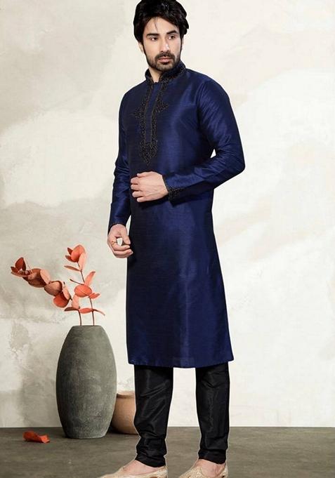 Navy Blue Embroidered Art Silk Kurta Set For Men