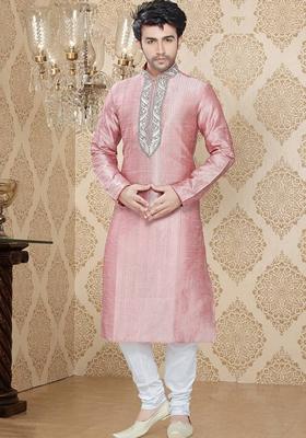 Pink Embroidered Art Silk Kurta Set For Men