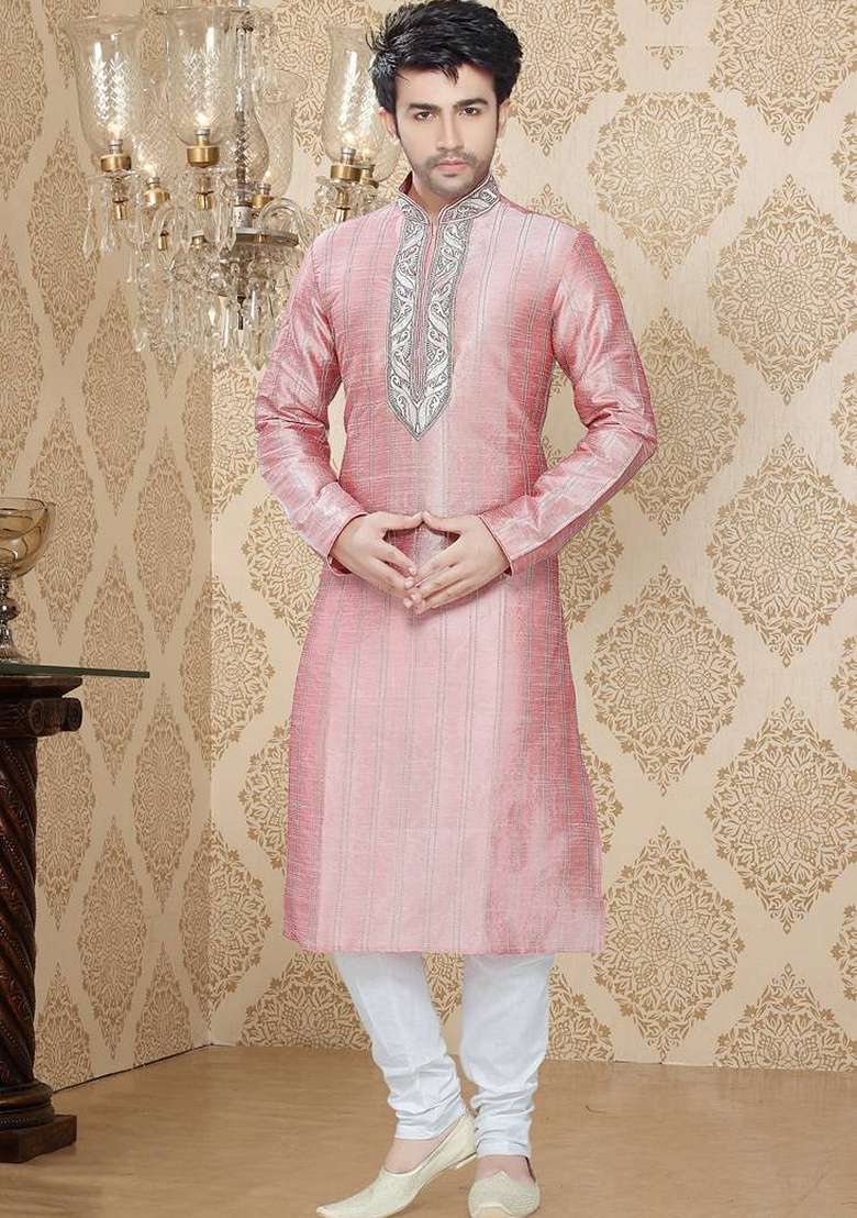 Pink Embroidered Art Silk Kurta Set For Men - Indya