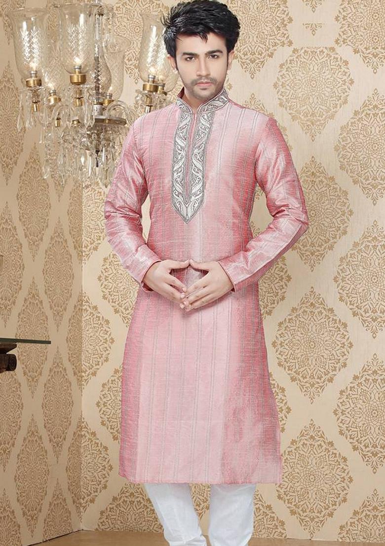 Pink Embroidered Art Silk Kurta Set For Men