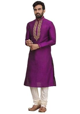 Pink Embroidered Art Silk Kurta Set For Men