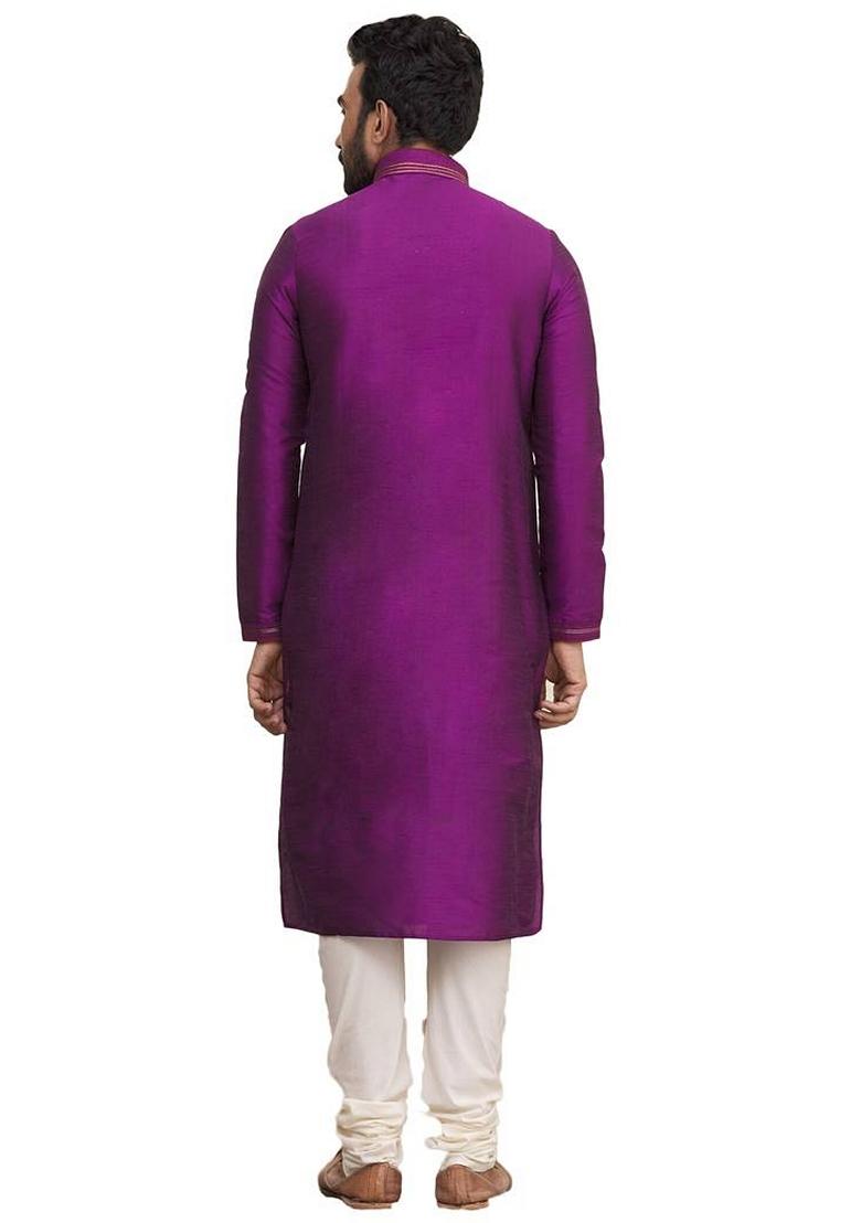 Pink Embroidered Art Silk Kurta Set For Men