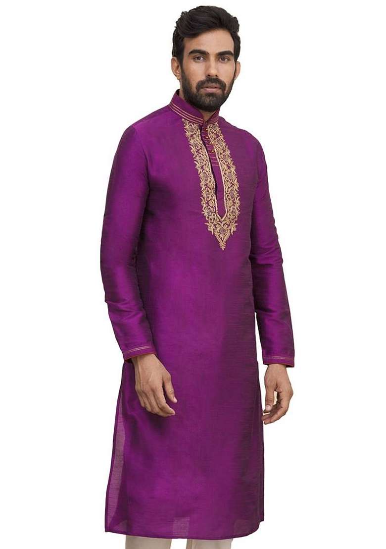 Pink Embroidered Art Silk Blend Kurta Set For Men - Indya