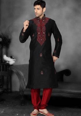 Black Embroidered Art Silk Kurta Set For Men