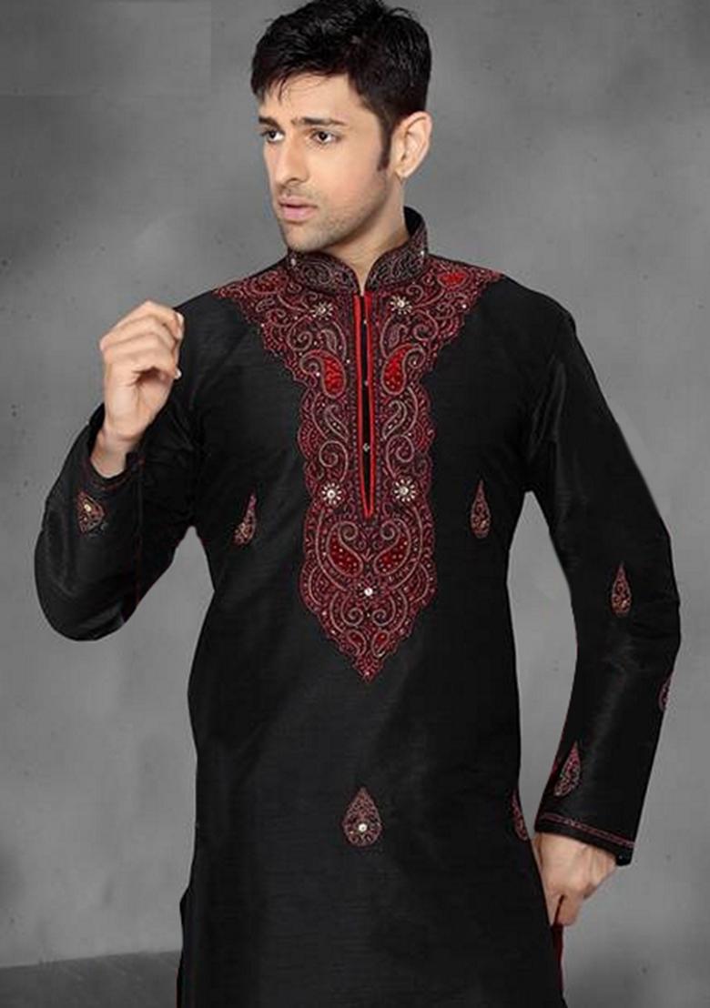Black Embroidered Art Silk Kurta Set For Men