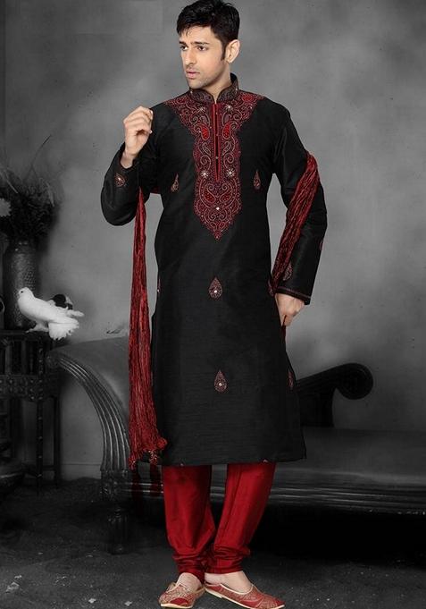 Black Embroidered Art Silk Kurta Set For Men