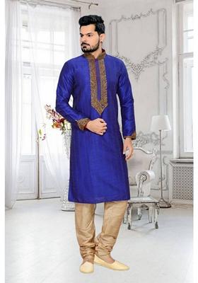 Blue Embroidered Art Silk Kurta Set For Men