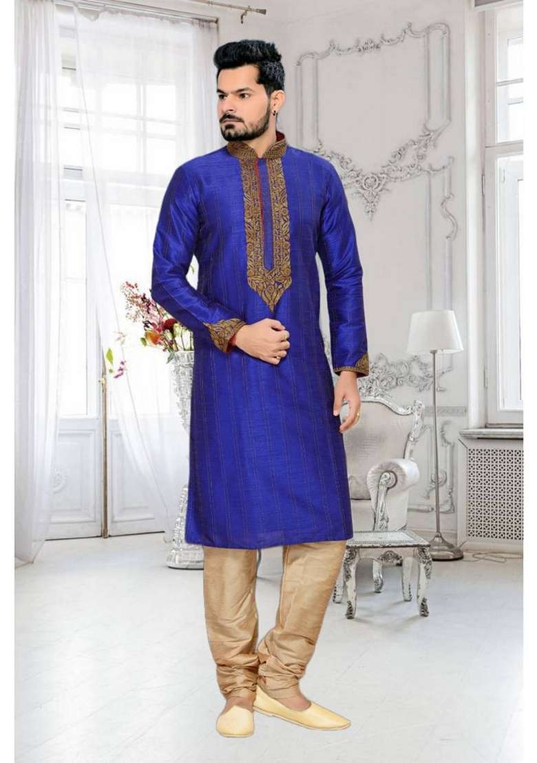 Blue Embroidered Art Silk Blend Kurta Set For Men - Indya