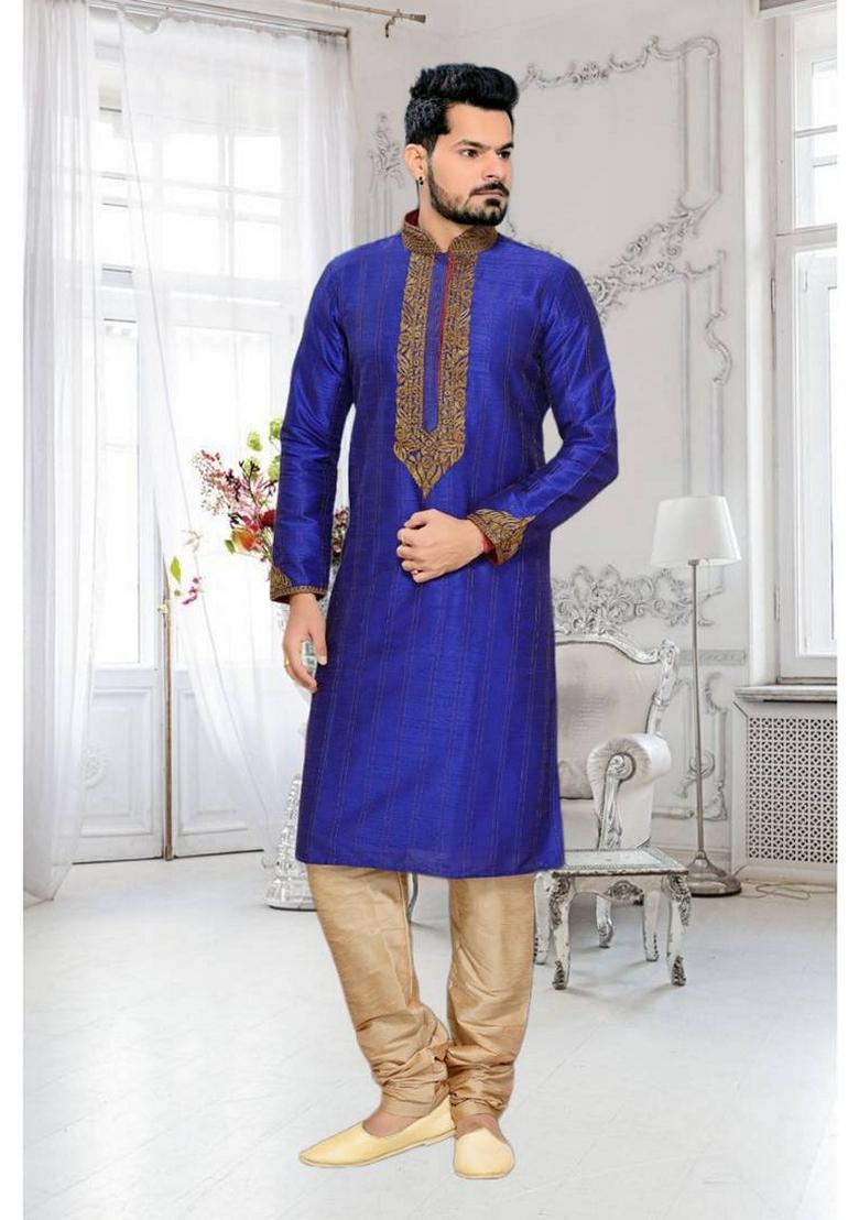 Blue Embroidered Art Silk Kurta Set For Men