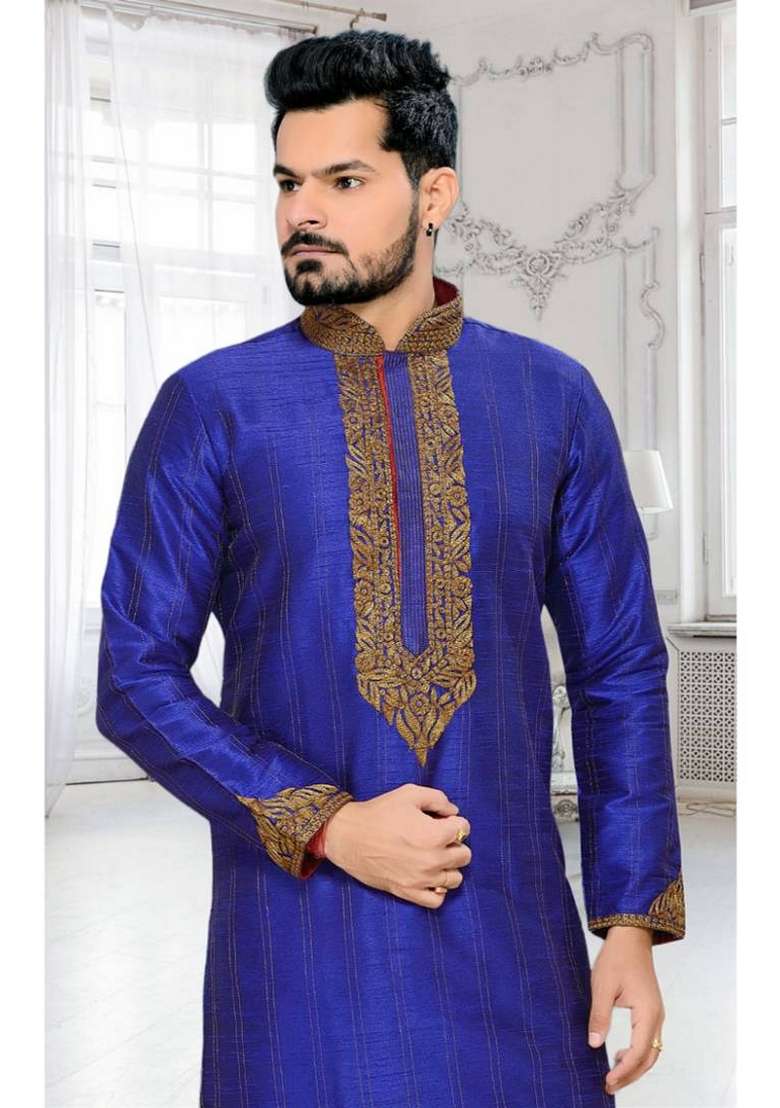 Blue Embroidered Art Silk Blend Kurta Set For Men - Indya
