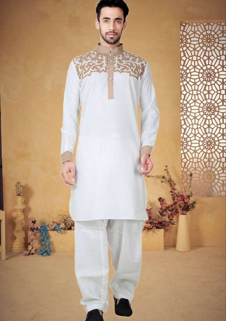 Off White Embroidered Cotton Kurta Set For Men - Indya