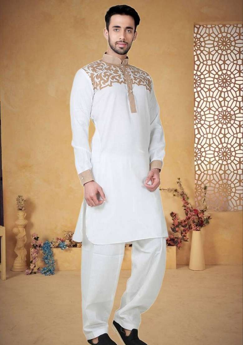 Off White Embroidered Cotton Kurta Set For Men - Indya