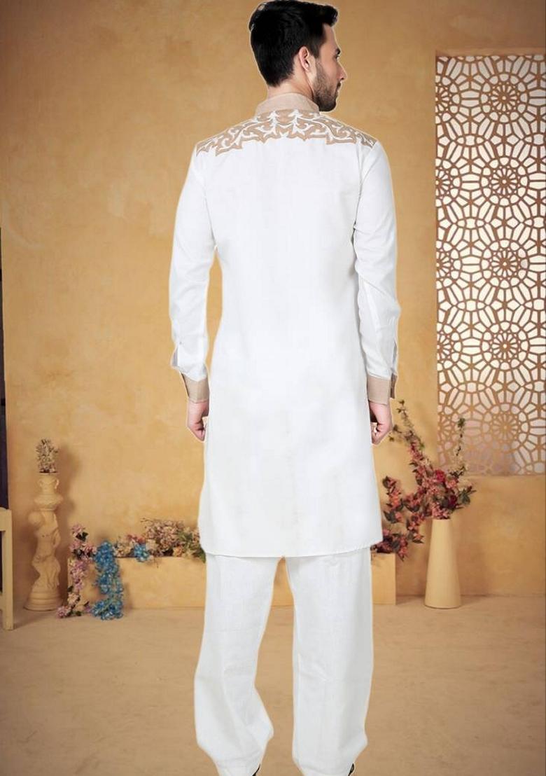 Off White Embroidered Cotton Kurta Set For Men