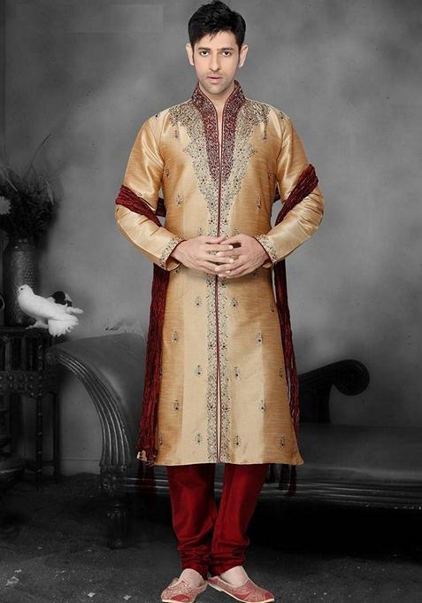Gold Embroidered Art Silk Kurta Set For Men