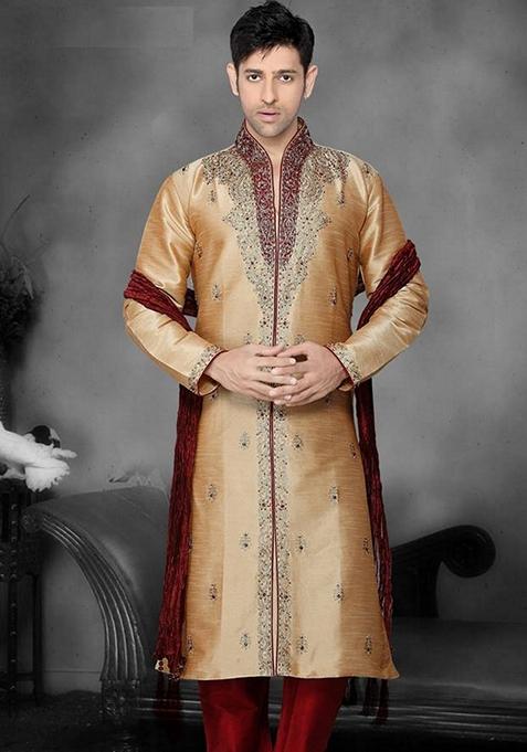 Gold Embroidered Art Silk Kurta Set For Men