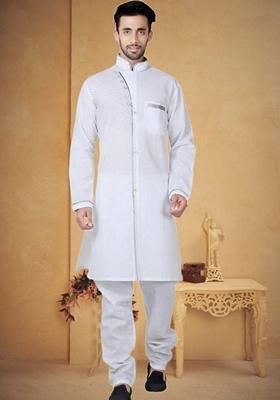 Off White Embroidered Cotton Kurta Set For Men