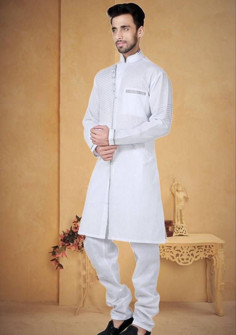 Off White Embroidered Cotton Kurta Set For Men