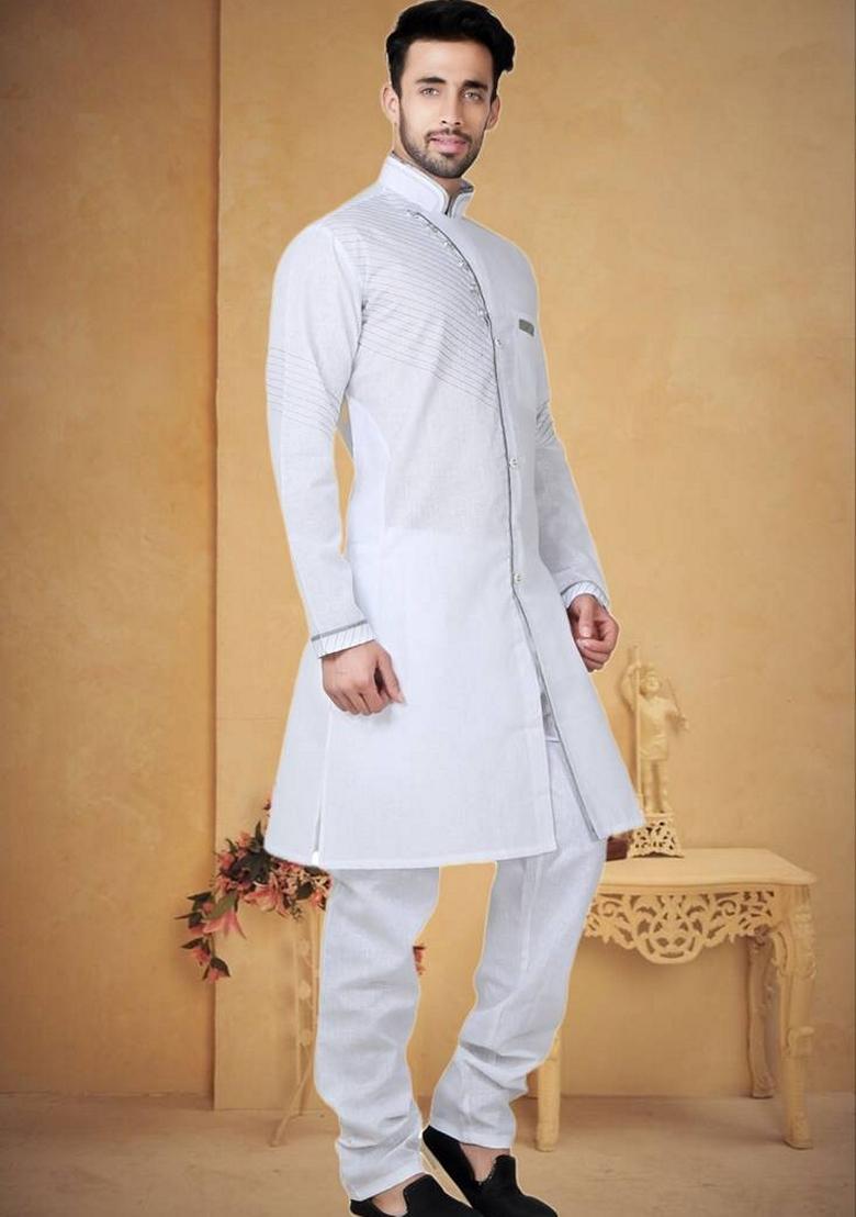 Off White Embroidered Cotton Kurta Set For Men