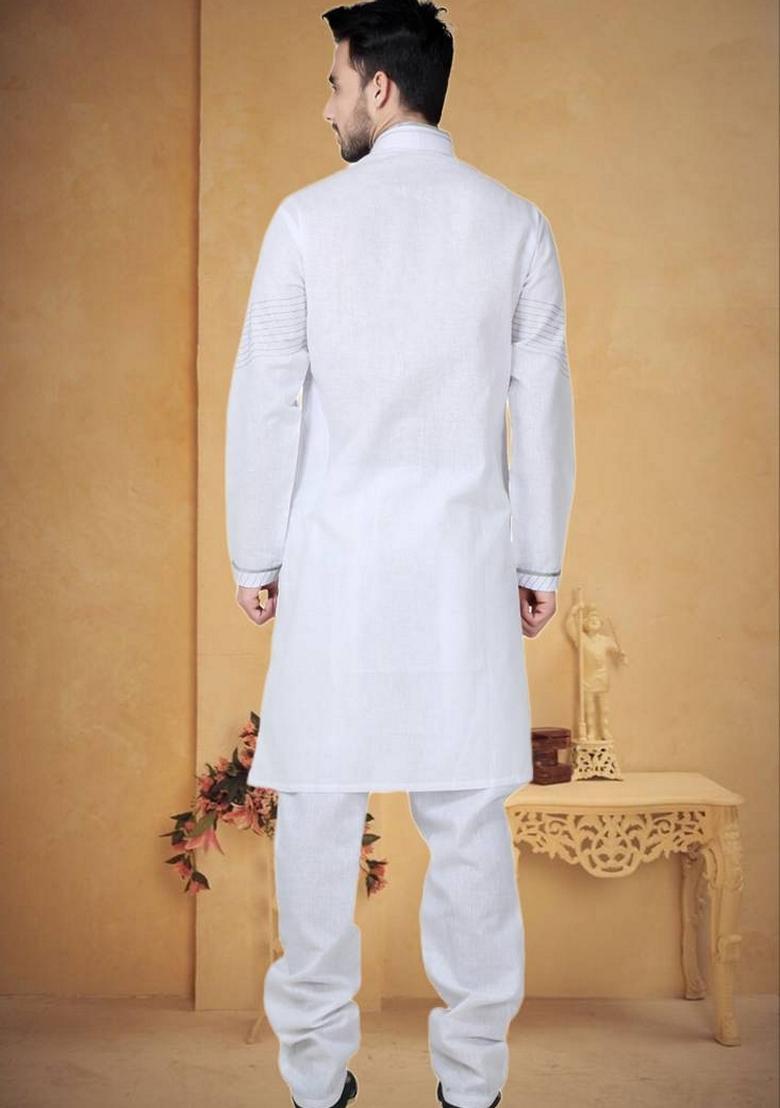 Off White Embroidered Cotton Kurta Set For Men