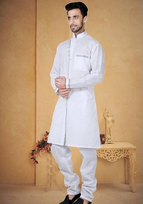 Off White Embroidered Cotton Kurta Set For Men