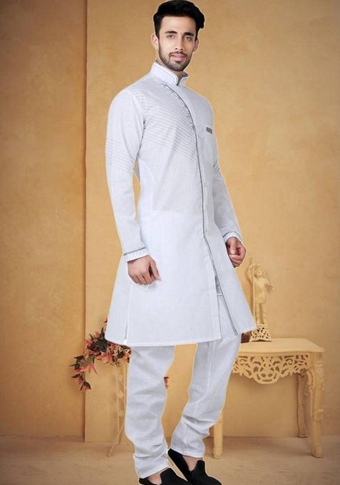 Off White Embroidered Cotton Kurta Set For Men
