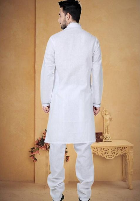 Off White Embroidered Cotton Kurta Set For Men