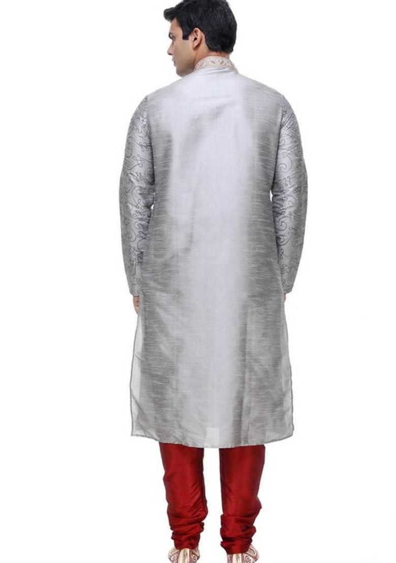 Grey Embroidered Art Silk Kurta Set For Men
