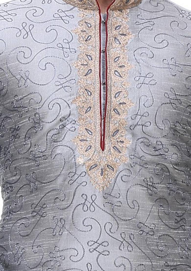 Grey Embroidered Art Silk Kurta Set For Men
