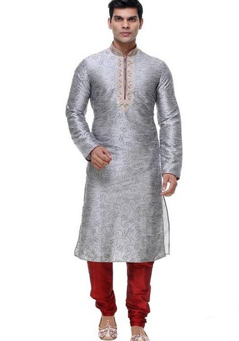 Grey Embroidered Art Silk Kurta Set For Men