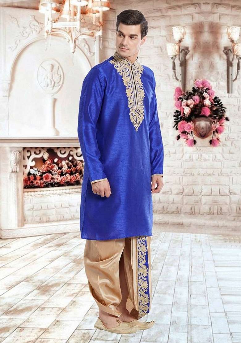 Blue Embroidered Art Silk Blend Kurta Set For Men - Indya