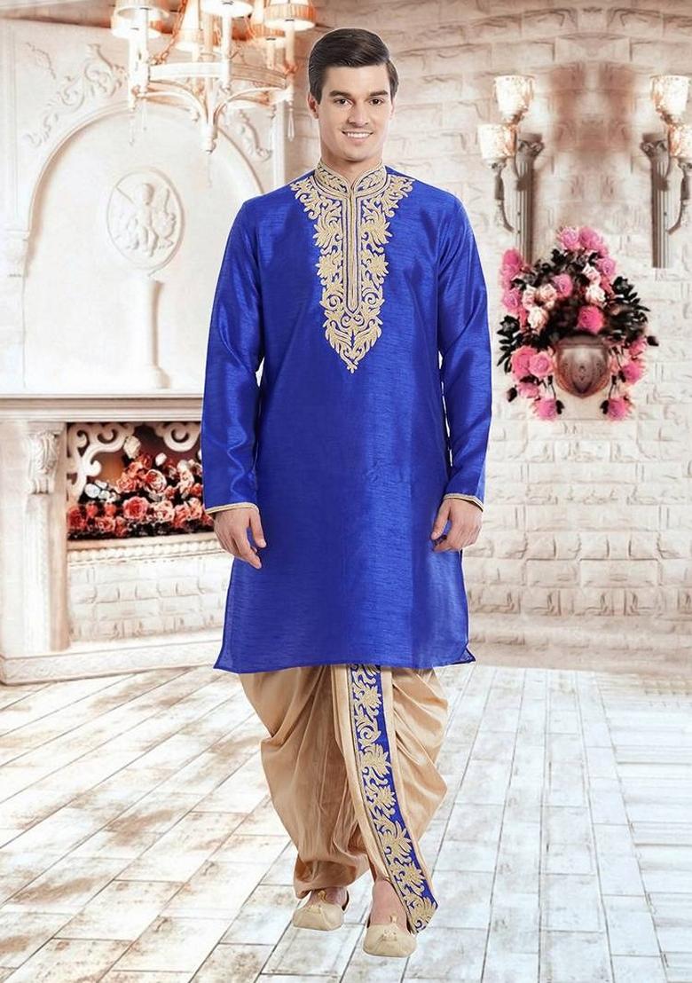Blue Embroidered Art Silk Kurta Set For Men