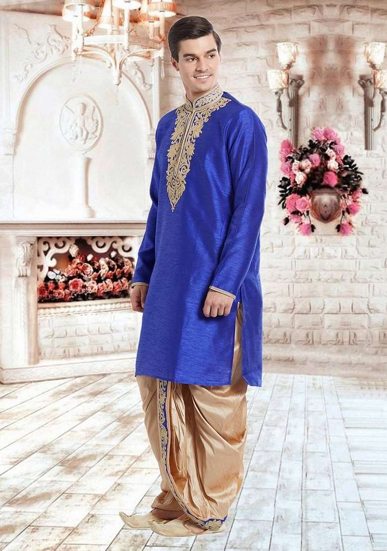 Blue Embroidered Art Silk Blend Kurta Set For Men - Indya